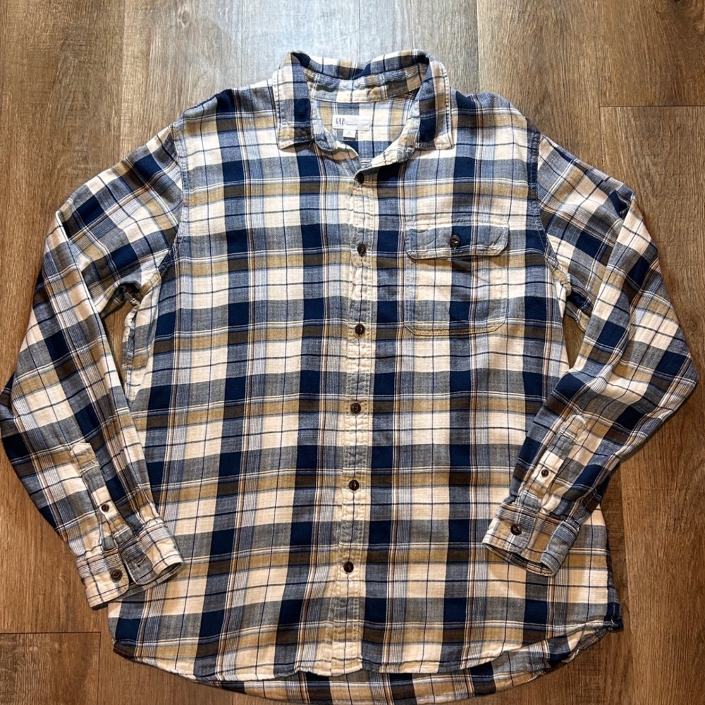 Gap Mens XL Flannel Shirt Blue Tan Plaid Standard Fit Long Sleeve Cotton Button